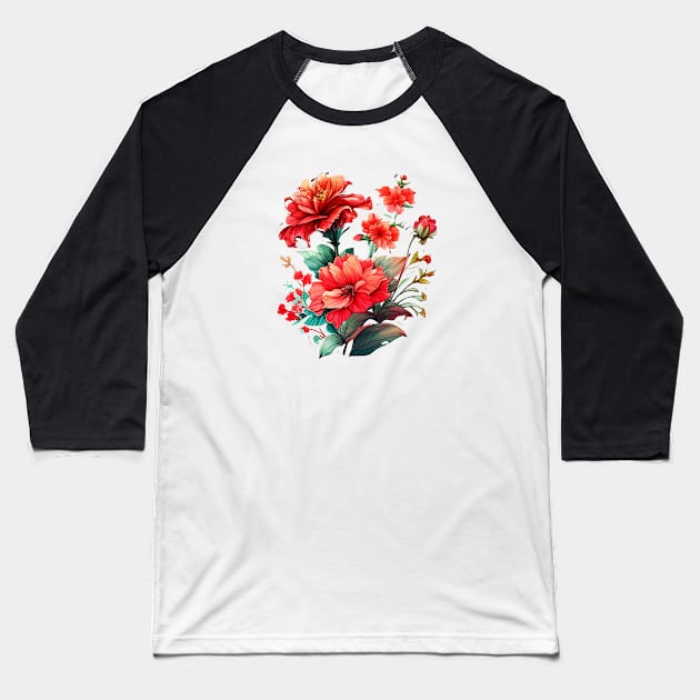 Red Flowers Baseball T-Shirt by Mixtgifts